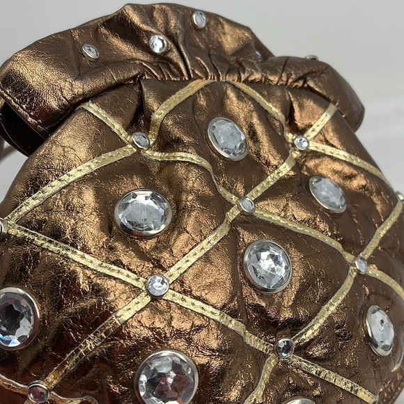 Vintage Bronze Soft Leather Crystal Studded Top Frame Shoulder Bag Crossbody - Picture 8 of 10